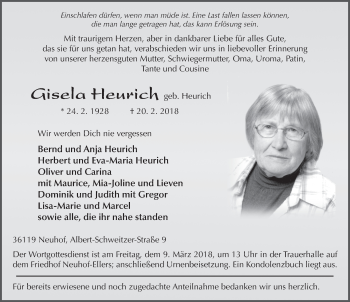 Traueranzeige von Gisela Heurich 