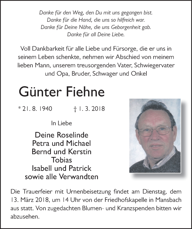 Traueranzeige für Günter Fiehne vom 10.03.2018 aus 