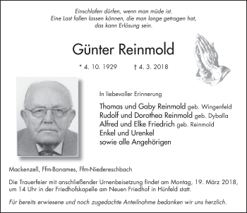 Traueranzeige von Günter Reinmold 