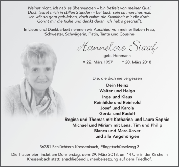 Traueranzeige von Hannelore Staaf 