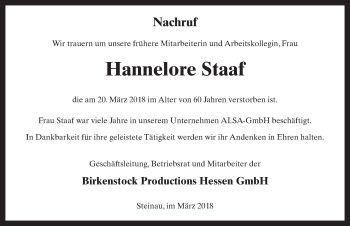 Traueranzeige von Hannelore Staaf 