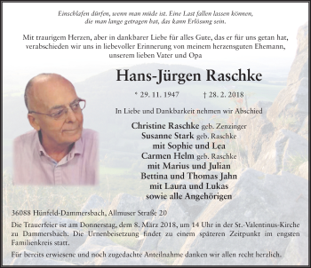 Traueranzeige von Hans-Jürgen Raschke 