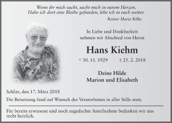 Traueranzeige von Hans Kiehm 