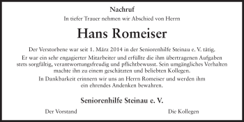 Traueranzeige von Hans Romeiser 