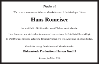 Traueranzeige von Hans Romeiser 