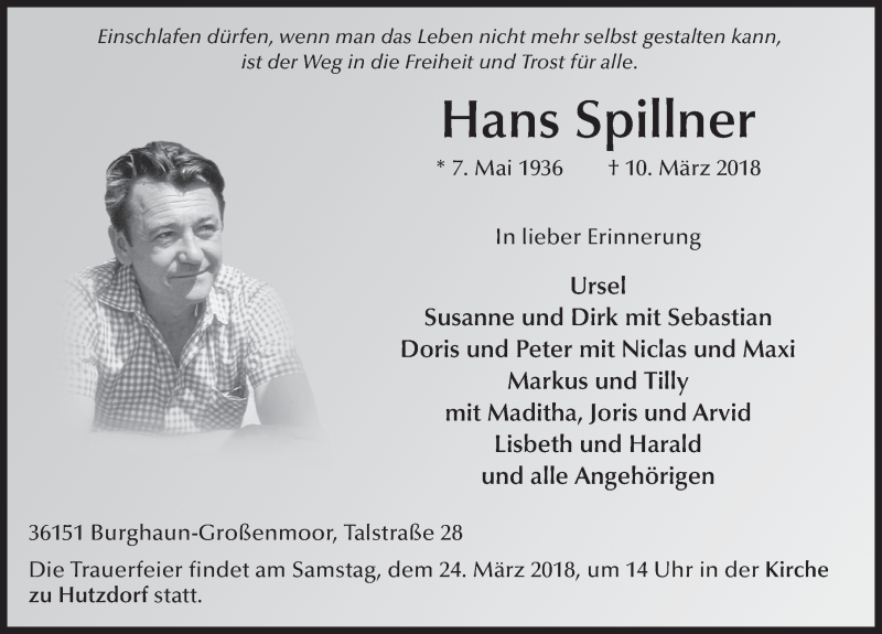  Traueranzeige für Hans Spillner vom 22.03.2018 aus 