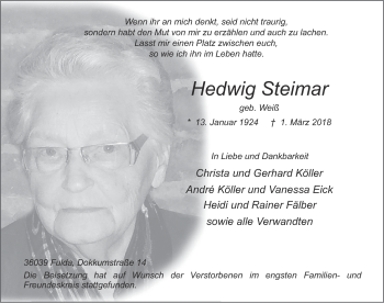 Traueranzeige von Hedwig Steimar 