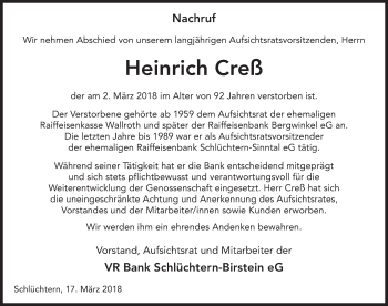 Traueranzeige von Heinrich Creß 