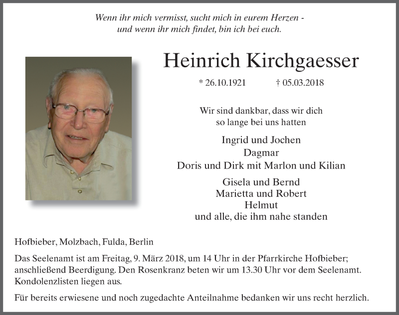  Traueranzeige für Heinrich Kirchgaesser vom 07.03.2018 aus 