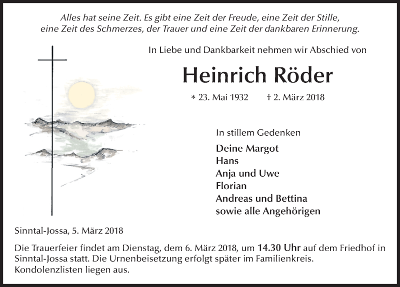  Traueranzeige für Heinrich Röder vom 05.03.2018 aus 