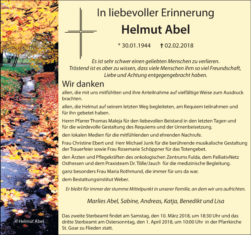  Traueranzeige für Helmut Abel vom 10.03.2018 aus 