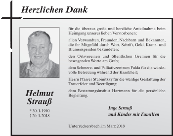 Traueranzeige von Helmut Strauß 