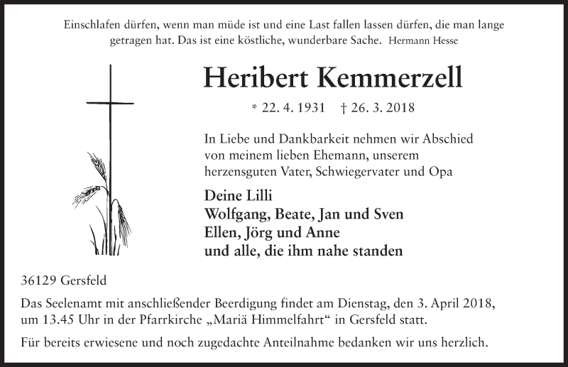  Traueranzeige für Heribert Kemmerzell vom 29.03.2018 aus 