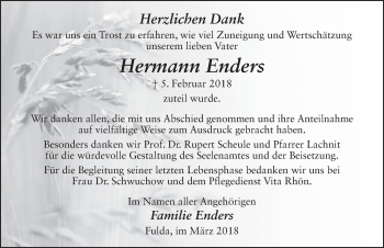 Traueranzeige von Hermann Enders 