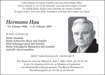 Traueranzeige von Hermann Hau 