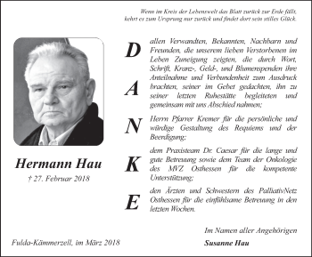 Traueranzeige von Hermann Hau 
