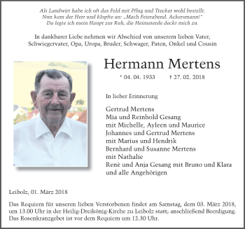 Traueranzeige von Hermann Mertens 