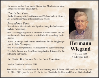 Traueranzeige von Hermann Wiegand 