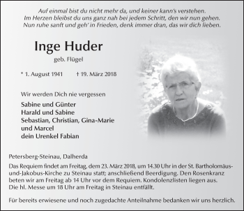 Traueranzeige von Inge Huder 