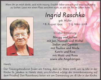 Traueranzeige von Ingrid Raschka 