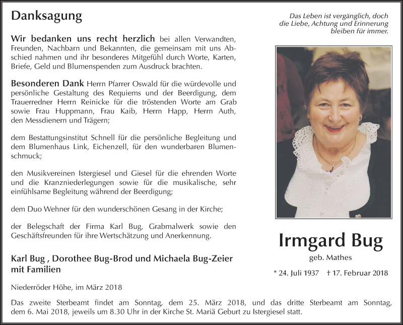  Traueranzeige für Irmgard Bug vom 17.03.2018 aus 