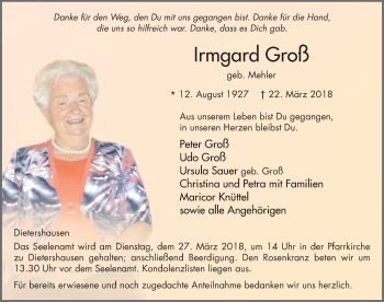 Traueranzeige von Irmgard Groß 