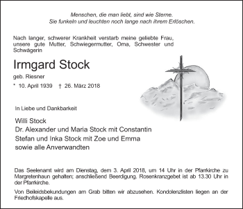 Traueranzeige von Irmgard Stock 