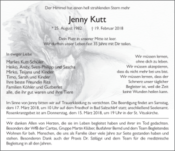 Traueranzeige von Jenny Kutt 
