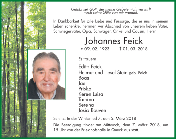 Traueranzeige von Johannes Feick 