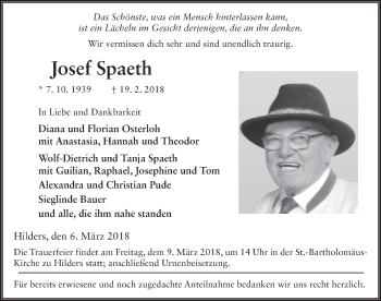 Traueranzeige von Josef Spaeth 