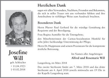 Traueranzeige von Josefine Will 
