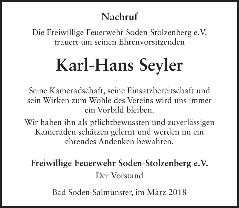  Traueranzeige für Karl-Hans Seyler vom 01.03.2018 aus 