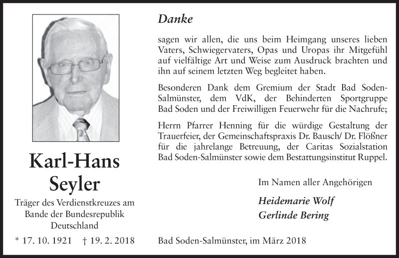  Traueranzeige für Karl-Hans Seyler vom 10.03.2018 aus 