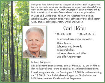 Traueranzeige von Karl Höfer 