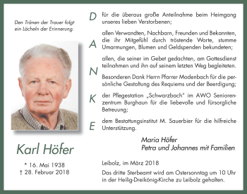 Traueranzeige von Karl Höfer 