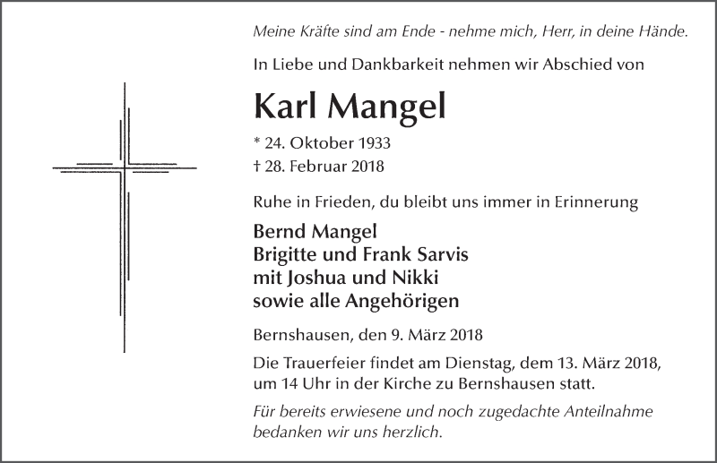  Traueranzeige für Karl Mangel vom 09.03.2018 aus 
