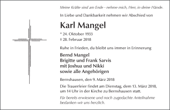 Traueranzeige von Karl Mangel 