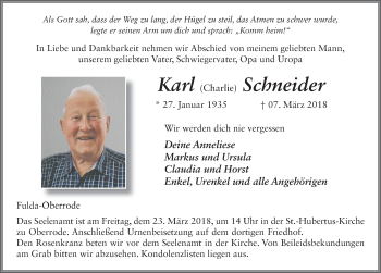 Traueranzeige von Karl Schneider 