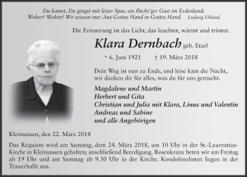 Traueranzeige von Klara Dernbach 