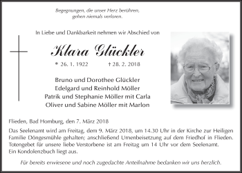 Traueranzeige von Klara Glückler 