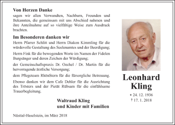 Traueranzeige von Leonhard Kling 