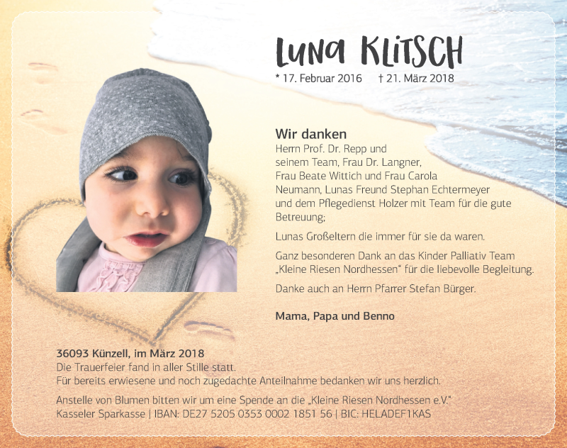 Traueranzeige für Luna Klitsch vom 31.03.2018 aus 
