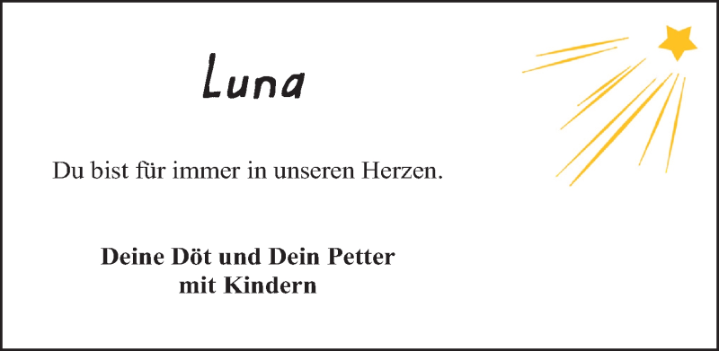  Traueranzeige für Luna Klitsch vom 31.03.2018 aus 