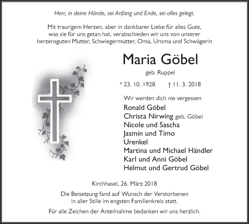  Traueranzeige für Maria Göbel vom 31.03.2018 aus 