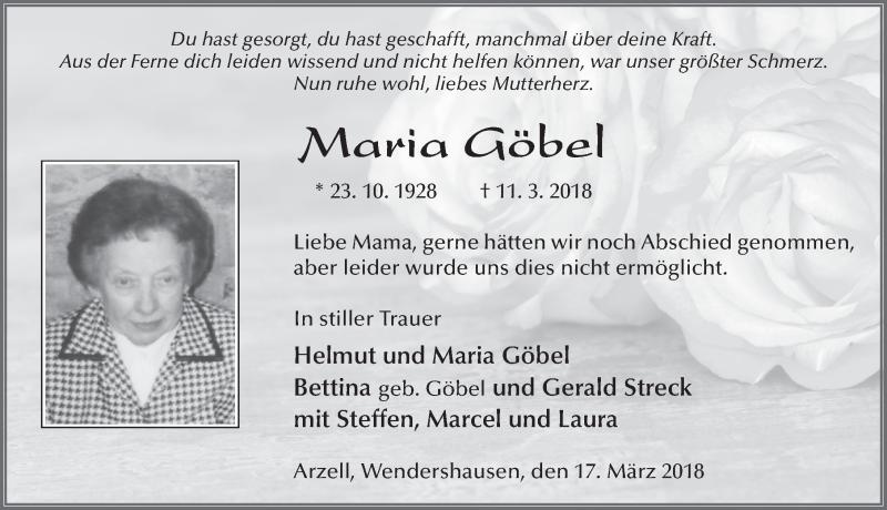  Traueranzeige für Maria Göbel vom 17.03.2018 aus 