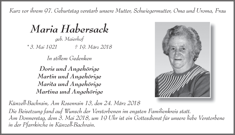  Traueranzeige für Maria Habersack vom 24.03.2018 aus 