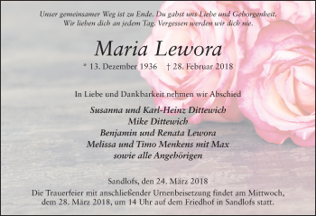 Traueranzeige von Maria Lewora 