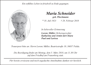 Traueranzeige von Maria Schneider 