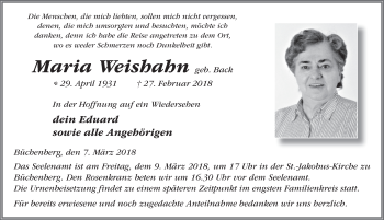 Traueranzeige von Maria Weishahn 