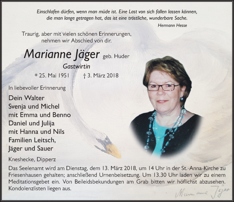  Traueranzeige für Marianne Jäger vom 08.03.2018 aus 
